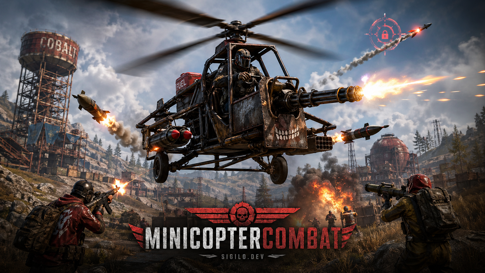 MinicopterCombat - MinicopterCombat turns the standard Rust minicopter into a configurable combat aircraft with pilot-controlled miniguns, missiles, lock-on dogfighting, bombs, rocket boost, reload systems, and an in-flight HUD.