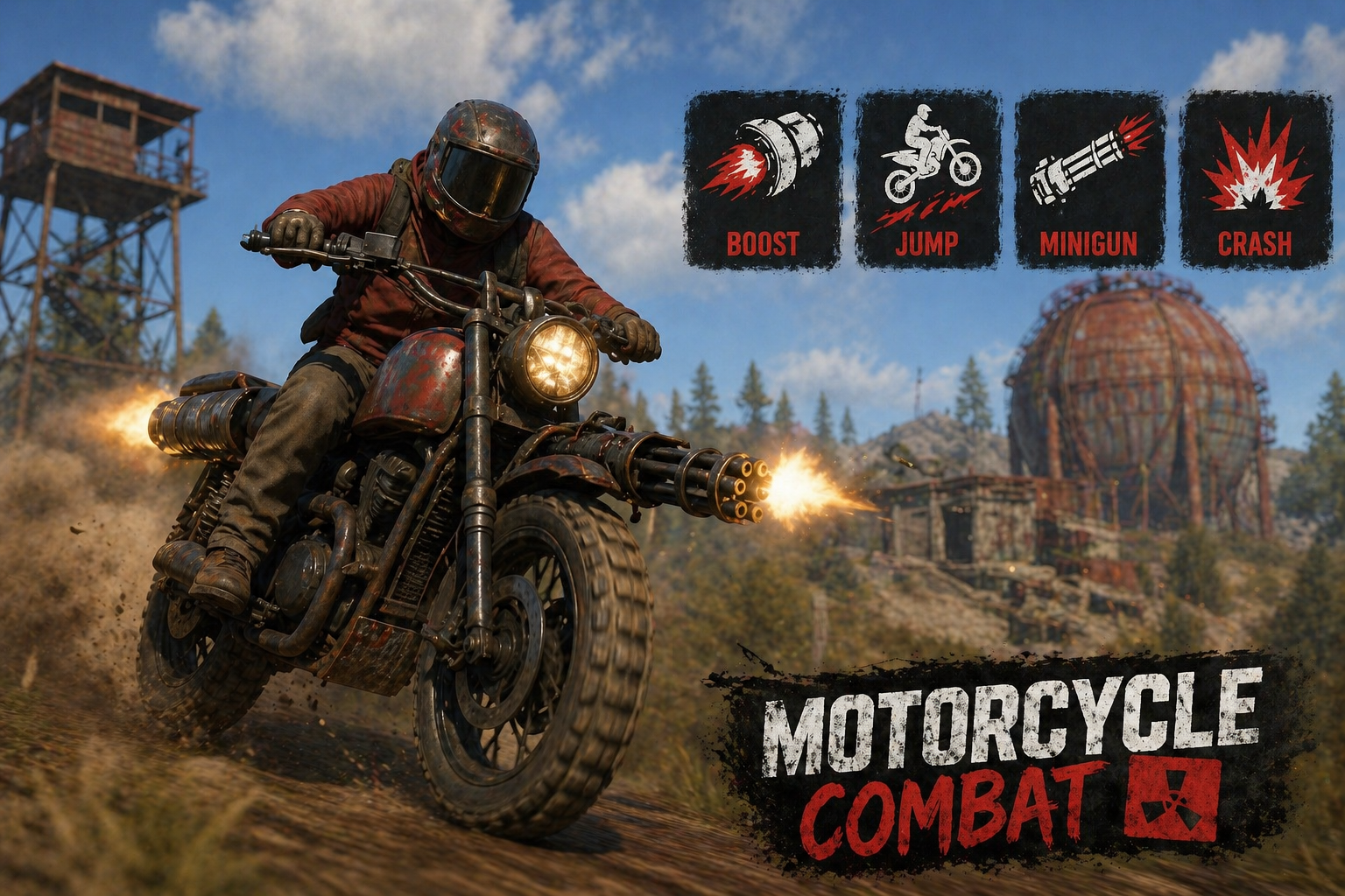 MotorcycleCombat - MotorcycleCombat turns Rust motorcycles into fast combat bikes with a player spawn command, boost, jump, mounted minigun fire, reloads, HUD status, crash explosion risk, and optional unlimited fuel.